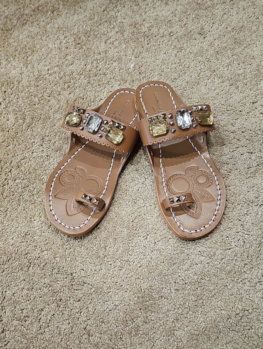 Chinese Laundry Tan Jeweled Slide Sandals